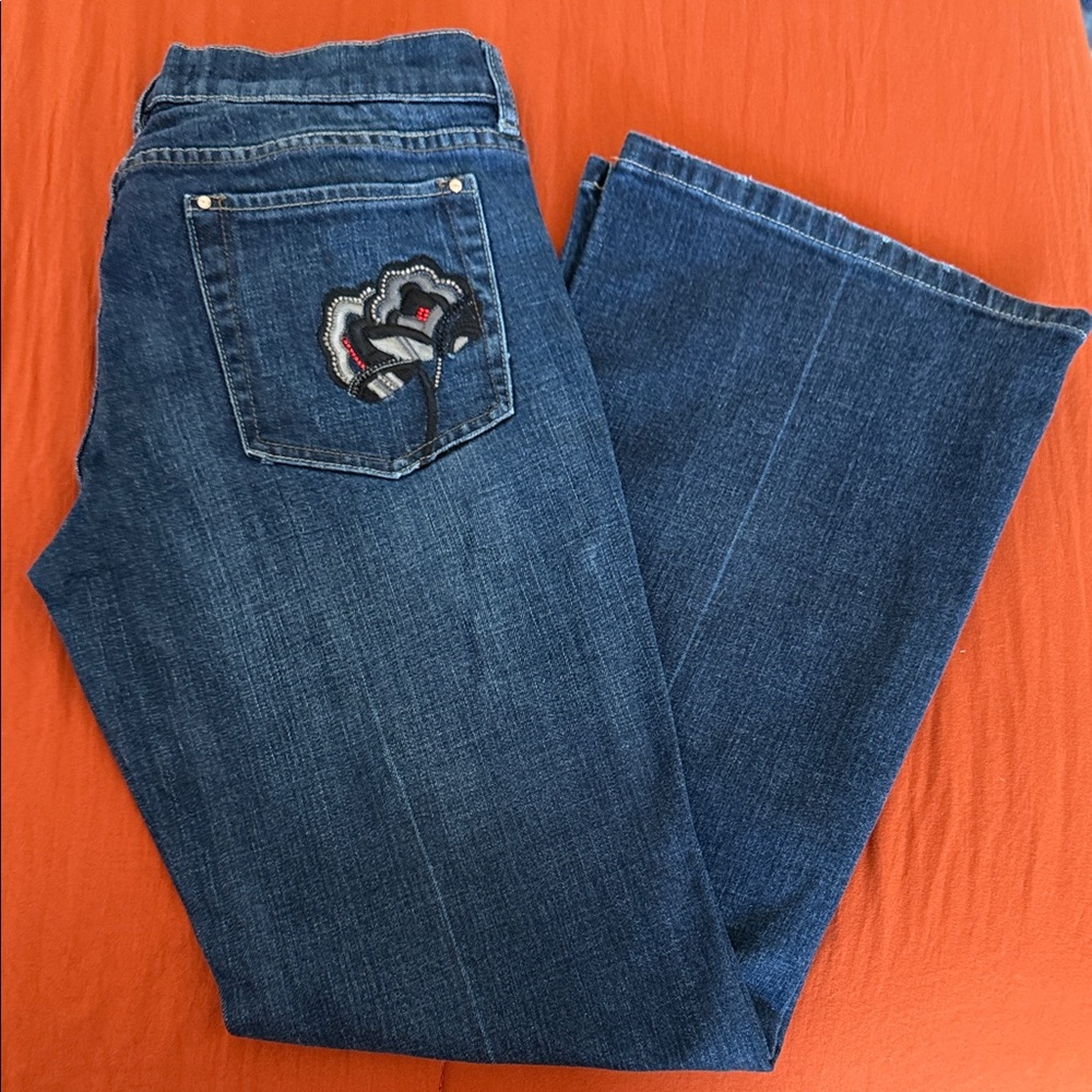 White House Black Market Dark Blue Flare Jeans with Floral Embroidery